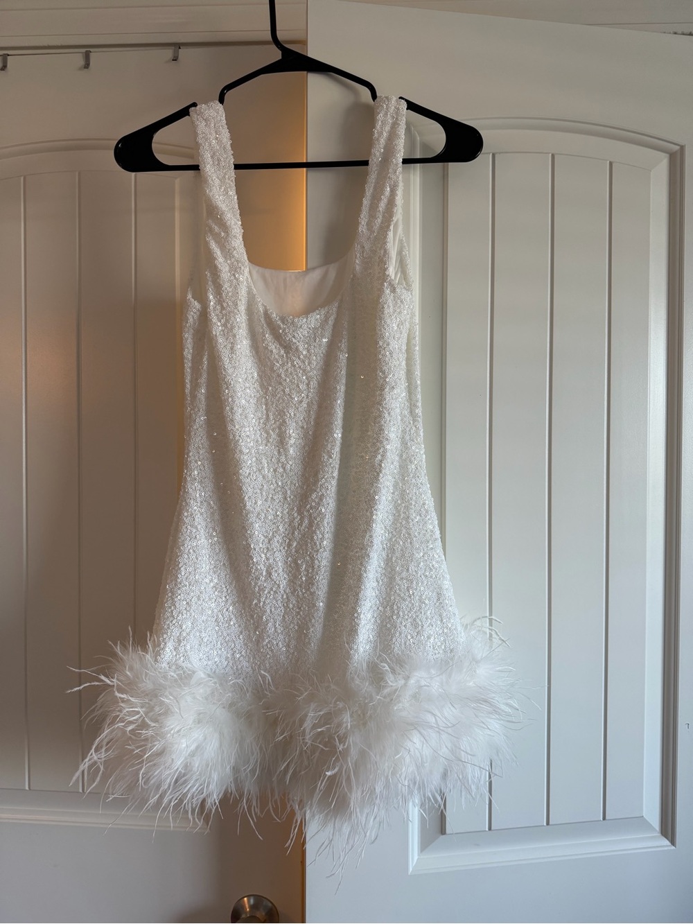 Peppermayo White Sequin Mini Dress with Feather Trim